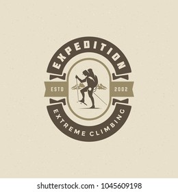Climber logo emblem vector illustration. Outdoor adventure expedition, mountaineer man silhouette shirt, print stamp. Vintage typography badge design.