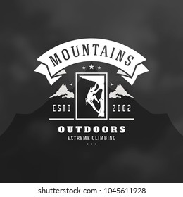 Climber logo emblem vector illustration. Outdoor adventure expedition, mountaineer man silhouette shirt, print stamp. Vintage typography badge design.