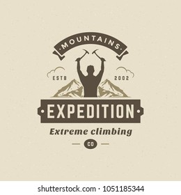 Climber logo emblem vector illustration. Outdoor adventure expedition, mountaineer man silhouette shirt, print stamp. Vintage typography badge design.