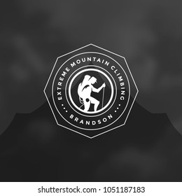 Climber logo emblem vector illustration. Outdoor adventure expedition, mountaineer man silhouette shirt, print stamp. Vintage typography badge design.