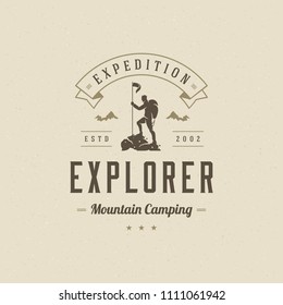 Climber Logo Emblem Vector Illustration. Outdoor Adventure Expedition, Mountaineer Man Silhouette Shirt, Print Stamp. Vintage Typography Badge Design.