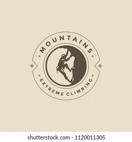 Climber logo emblem vector illustration. Outdoor adventure expedition, mountaineer man silhouette shirt, print stamp. Vintage typography badge design.