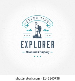 Climber logo emblem vector illustration. Outdoor adventure expedition, mountaineer man silhouette shirt, print stamp. Vintage typography badge design.