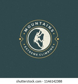 Climber logo emblem vector illustration. Outdoor adventure expedition, mountaineer man silhouette shirt, print stamp. Vintage typography badge design.
