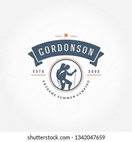 Climber logo emblem vector illustration. Outdoor adventure expedition, mountaineer man silhouette shirt, print stamp. Vintage typography badge design.