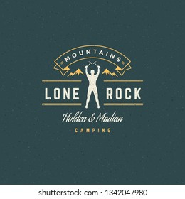 Climber logo emblem vector illustration. Outdoor adventure expedition, mountaineer man silhouette shirt, print stamp. Vintage typography badge design.