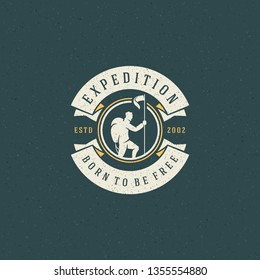 Climber Logo Emblem Vector Illustration. Outdoor Adventure Expedition, Mountaineer Man Silhouette Shirt, Print Stamp. Vintage Typography Badge Design.