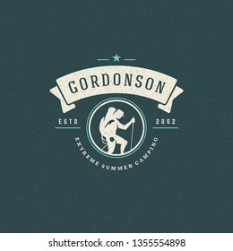 Climber logo emblem vector illustration. Outdoor adventure expedition, mountaineer man silhouette shirt, print stamp. Vintage typography badge design.