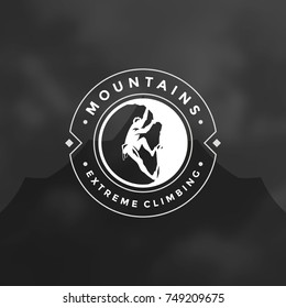 Climber logo emblem vector illustration. Outdoor adventure expedition, mountaineer man silhouette shirt, print stamp. Vintage typography badge design.