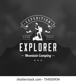 Climber logo emblem vector illustration. Outdoor adventure expedition, mountaineer man silhouette shirt, print stamp. Vintage typography badge design.