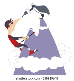 Climber. Man climbing the mountain and meeting an eagle