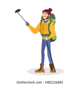 Climber man in special winter clothes with backpack. Extreme sport, alpinist standing and making selfie. Isolated vector illustration in cartoon style