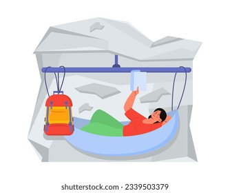 Climber at mountain in hammock concept. Climber with book and backpack lies and rests on hill. Active lifestyle and extreme sports. Cartoon flat vector illustration isolated on white background