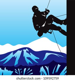 Climber in the mountains rising on the slope. Vector illustration.