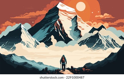 Climber in the mountains at sunset. Vector illustration in flat style.