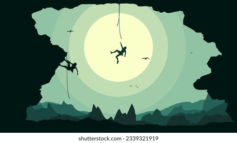 climber on a cliff with mountain. Extreme rock climber background. Mountain climber wallpaper for desktop. Silhouette of a rock climber.