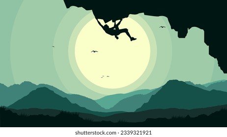 climber on a cliff with mountain. Extreme rock climber background. Mountain climber wallpaper for desktop. Silhouette of a rock climber.