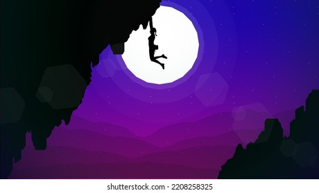 climber on a cliff with mountains as a background. Extreme rock climber background. landscape with moon.
