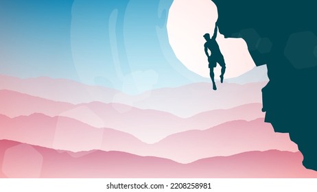 climber on a cliff with mountains as a background. Mountain climber walpaper for desktop. Silhouette of a rock climber.