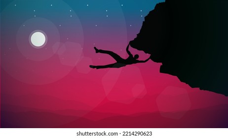 climber on a cliff with mountains as a background. Mountain climber walpaper for desktop. Silhouette of a rock climber. night background.