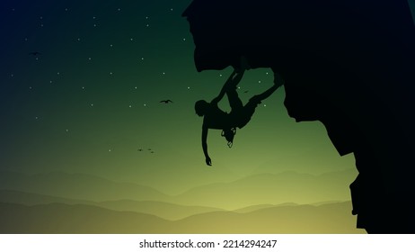 climber on a cliff with mountains. Silhouette of a rock climber in the night. Extreme rock climber. Mountain climber walpaper for desktop. 