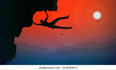 climber on a cliff with mountains. sunset background. Silhouette of a rock climber in the night. Extreme rock climber. Mountain climber walpaper for desktop. 