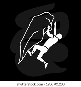 Climber on a climbing wall. White on black figure. Chalk board	
