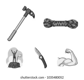 Climber on conquered top, coil of rope, knife, hammer.Mountaineering set collection icons in monochrome style vector symbol stock illustration web.