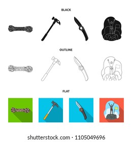 Climber on conquered top, coil of rope, knife, hammer.Mountaineering set collection icons in black,flat,outline style vector symbol stock illustration web.