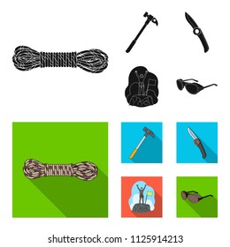 Climber on conquered top, coil of rope, knife, hammer.Mountaineering set collection icons in black, flat style vector symbol stock illustration web.