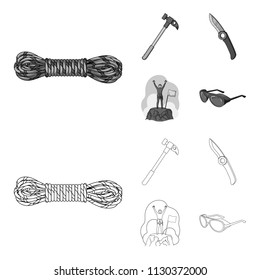 Climber on conquered top, coil of rope, knife, hammer.Mountaineering set collection icons in outline,monochrome style vector symbol stock illustration web.