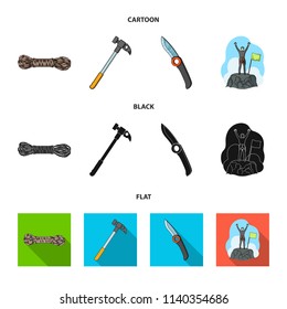 Climber on conquered top, coil of rope, knife, hammer.Mountaineering set collection icons in cartoon,black,flat style vector symbol stock illustration web.