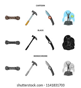 Climber on conquered top, coil of rope, knife, hammer.Mountaineering set collection icons in cartoon,black,monochrome style vector symbol stock illustration web.