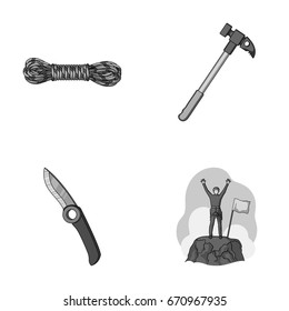 Climber on conquered top, coil of rope, knife, hammer.Mountaineering set collection icons in monochrome style vector symbol stock illustration web.