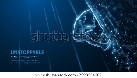 Climber on digital mountain. Low poly illustration or background. Extreme sport, high performance, unstoppable motivational, man challenge, success concept. Slogan. Climbing to Stars 商業照片 © 