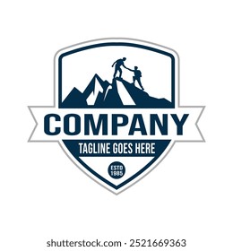 Climber on Mountain Top with Symbol of Cooperation Shield Stamp Emblem Design Adventure Company Logo, Guidance Vector Illustration