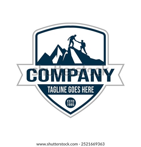 Climber on Mountain Top with Symbol of Cooperation Shield Stamp Emblem Design Adventure Company Logo, Guidance Vector Illustration