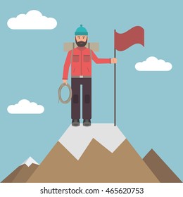 Climber on top of a mountain with a flag in his hands. Flat style vector for you design