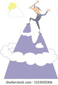 Climber is on the top of the mountain illustration. Happy climber with an ice ax stands on the top of the high mountain isolated on white
