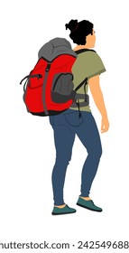 Climber passenger girl with backpack walking to mountain vector illustration isolated. Traveler woman luggage on nature vocation, carry baggage. Tourist heavy bag cargo load on outdoor adventure trip.