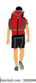 Climber passenger man with backpack  walking to mountain vector illustration. Traveler boy with luggage on nature vocation, carry baggage. Tourist with heavy bag cargo load on outdoor adventure trip.