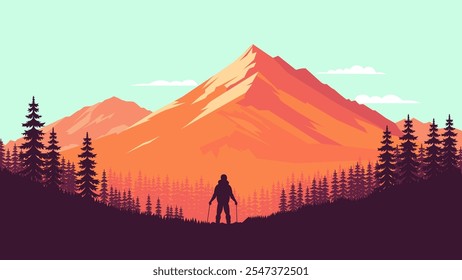 Explore de la silueta de las Personas del escalador en vista de la Naturaleza de la montaña en cielo brillante
