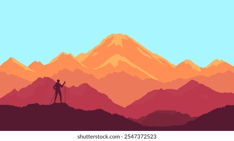 Climber People Silhouette Explore in Mountain Nature View in Bright Sky