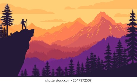 Climber People Silhouette Standing on the Top of Cliff with Mountain Nature View in Sunset Sunrise