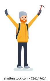 Climber with a pick in winter gear standing on top of a mountain and enjoys. Isolated against white background. Vector illustration. Cartoon flat style.