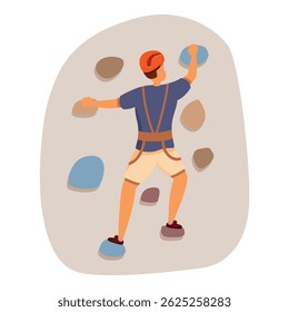 Alpinista praticando em uma parede de escalada artificial, usando um capacete de segurança e arnês, alcançando o próximo porão