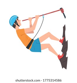 Climber in Protective Helmet Climbing Mountain with Rope, Extreme Hobby or Sport Cartoon Style Vector Illustration
