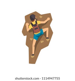 Climber in protective helmet climbing rock mountain, extreme sport and leisure activity concept vector Illustration on a white background