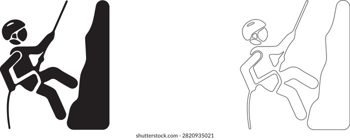 Climber rappelling down rock cliff vector icon filled and outline, rock climbing and abseiling symbol.	
