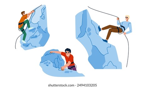 climber rock climbing man  vector.  cliff silhouette, success challenge, sunset adventure climber rock climbing man character. people flat cartoon illustration